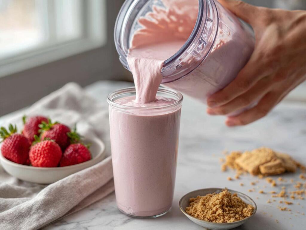 Pouring the smooth soft pink strawberry protein base into a Ninja Creami pint before freezing
