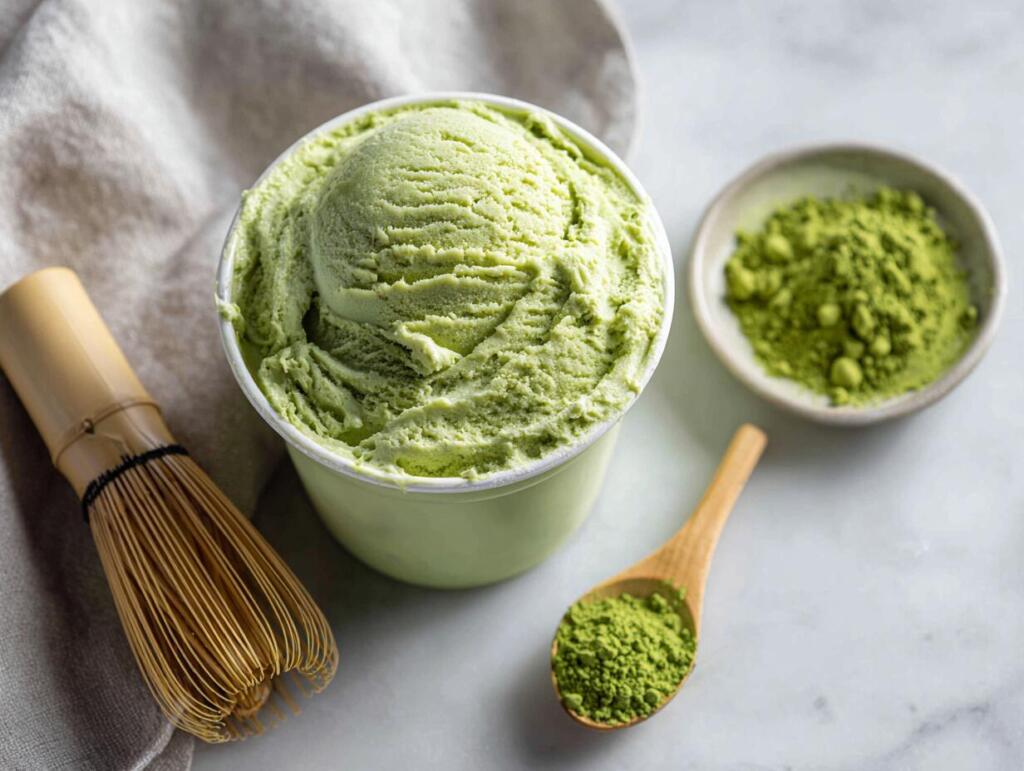 Finished creamy cottage cheese matcha ice cream ready to scoop with a bamboo whisk and matcha powder nearby