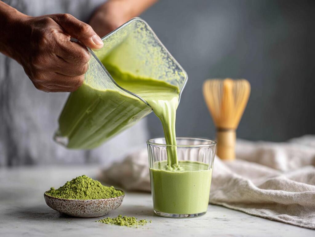 Pouring smooth pale matcha green protein ice cream base into a glass freezer container