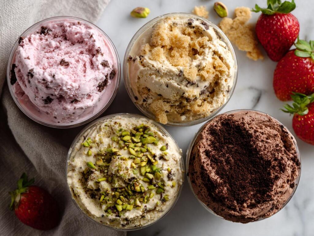 Three viral cottage cheese Ninja Creami pints in strawberry cheesecake, Dubai chocolate, and tiramisu flavors
