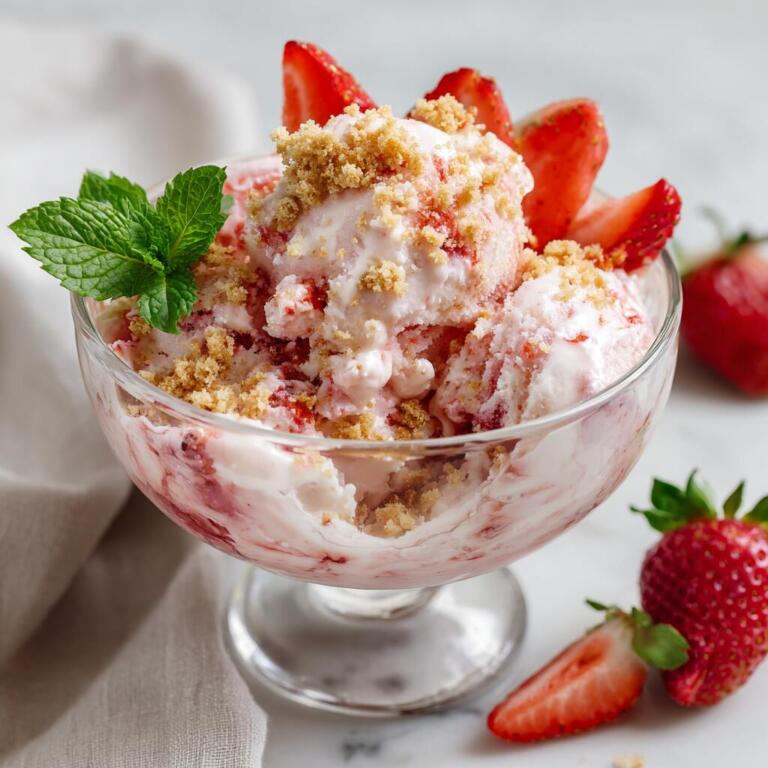 Cottage cheese strawberry cheesecake Creami protein ice cream topped with a strawberry fan and mint leaf in a chilled bowl