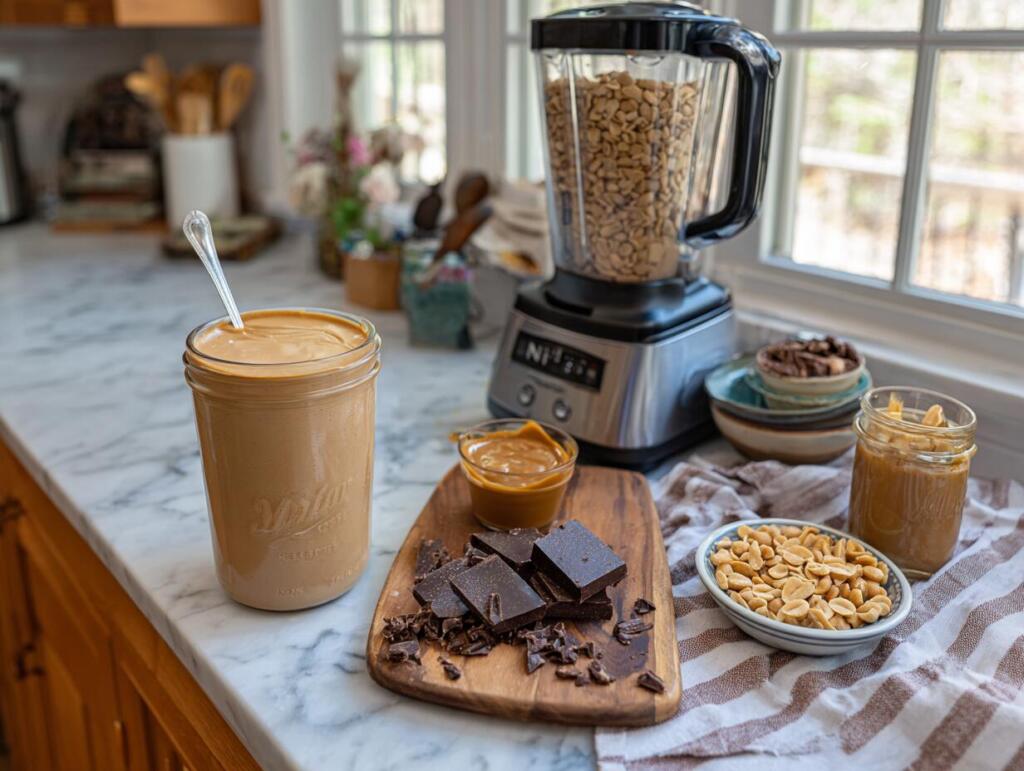 Fairlife Snickers copycat Ninja Creami prep with a pint of caramel colored base, peanuts, and chocolate