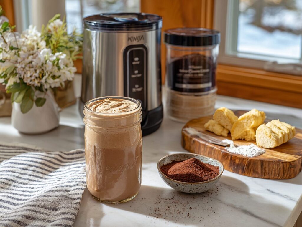 Cottage cheese tiramisu Ninja Creami prep with a pint of coffee colored base, ladyfingers, and espresso