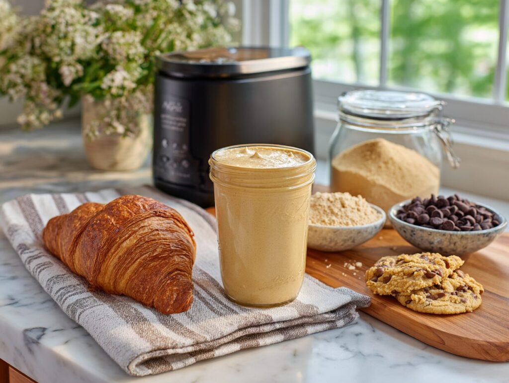 Crookie protein Creami prep with a Ninja Creami pint, torn croissant, and chopped chocolate chip cookies