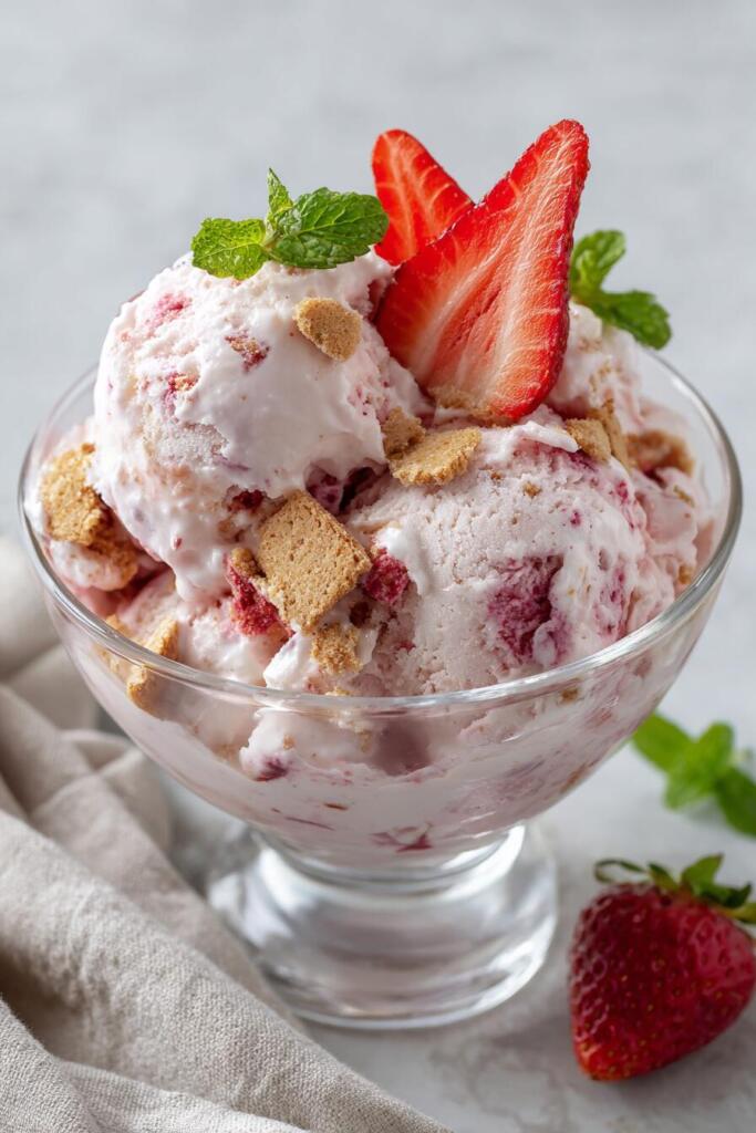 Cottage cheese strawberry cheesecake Creami protein ice cream topped with a strawberry fan and mint leaf