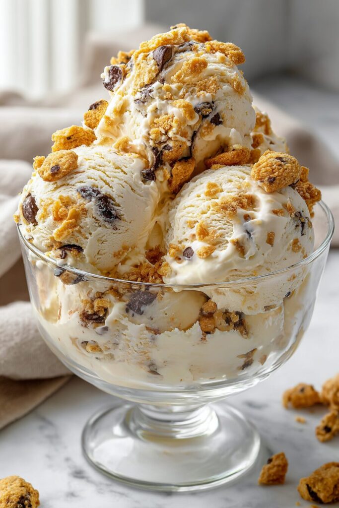 Crookie protein Creami ice cream with chocolate chip cookie chunks and flaky croissant pieces in a bowl