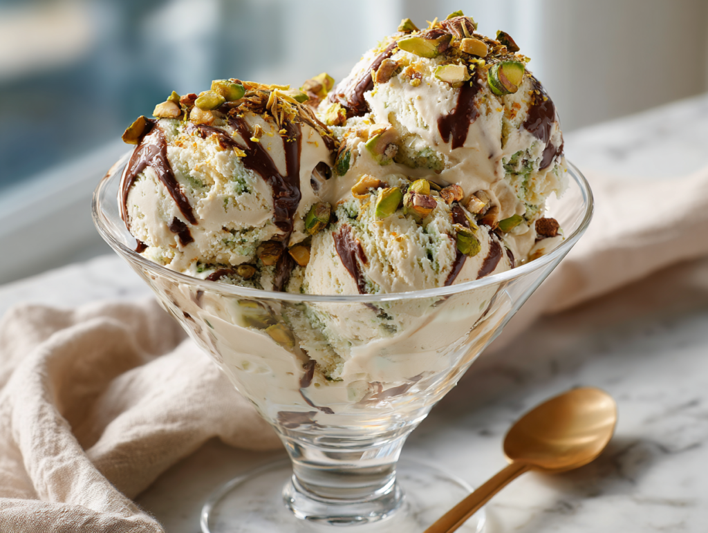 Scoops of creamy pistachio protein ice cream with dark chocolate and crushed pistachios in a chilled glass bowl