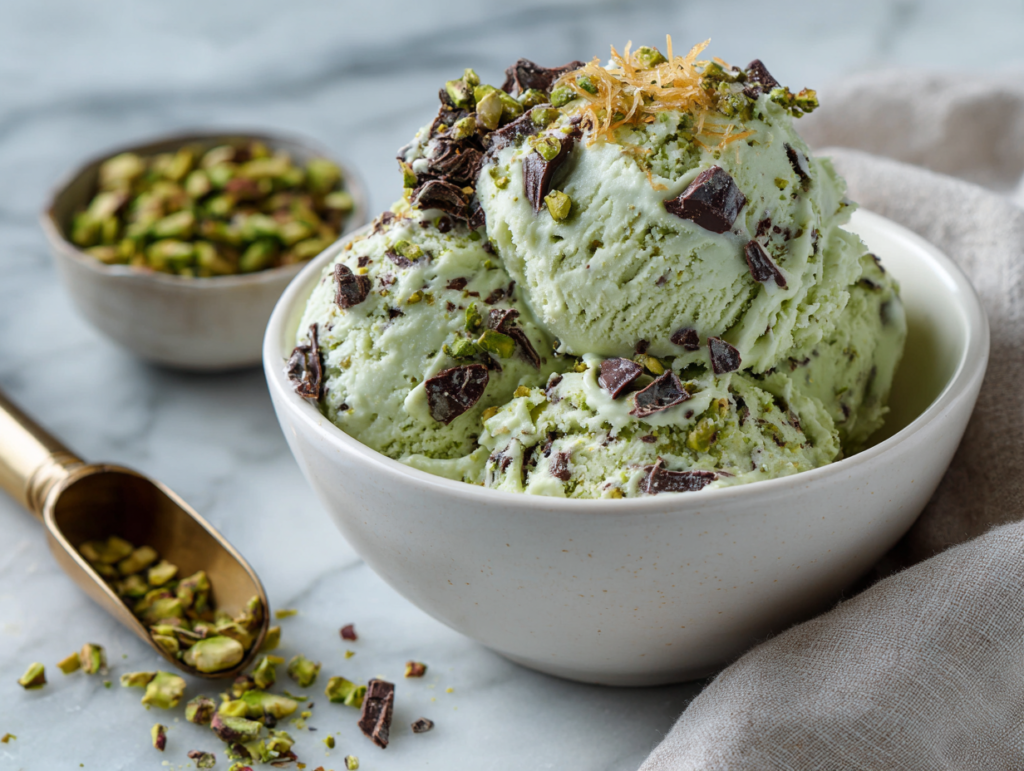 In the exact same setup as the hero shot, the just churned Ninja Creami pint with a creamy pale pistachio green protein ice cream, dark chocolate ribbons and golden kataifi just folded in, lid off, almost ready but not yet garnished, a small bowl of chopped green pistachios and a clean scoop ready beside it, the base is not fully green and not chocolate colored, 45 degree angle, on a white marble countertop with a cold toned linen napkin, soft natural side window light, hyper realistic, professional food photography, no text overlay, no watermark, shot on Canon 5D Mark IV 50mm f1.8 --ar 4:3 --style raw --v 7 --seed 4406