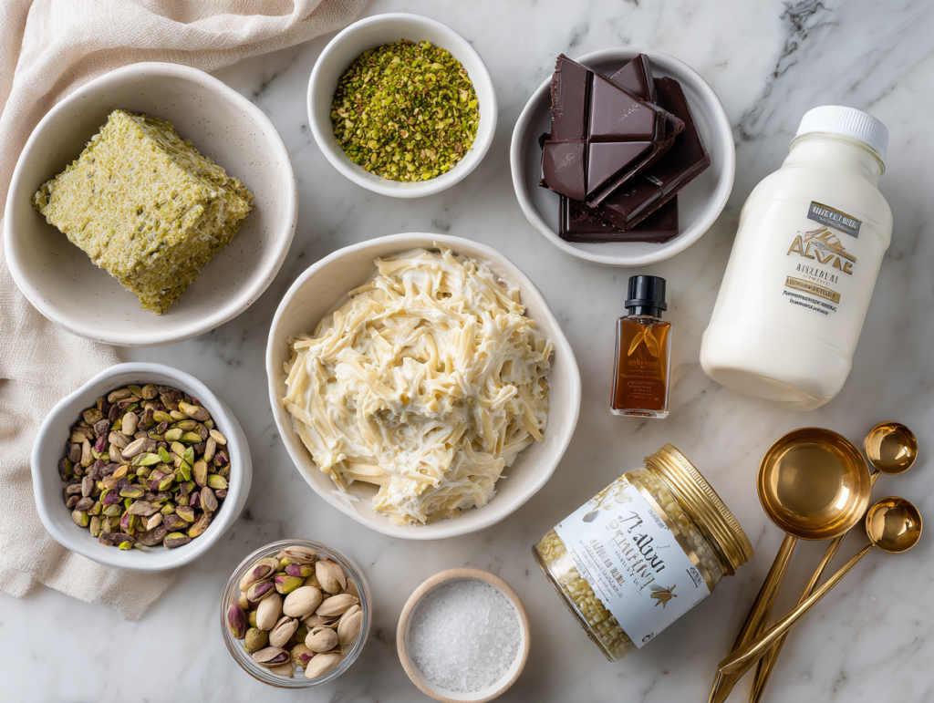 Ingredients for Dubai chocolate pistachio Ninja Creami protein ice cream in small bowls, overhead flat lay