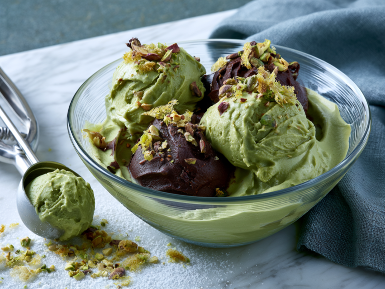 Cottage cheese Dubai chocolate Creami pint scooped into a chilled glass bowl, topped with crushed pistachios and golden kataifi