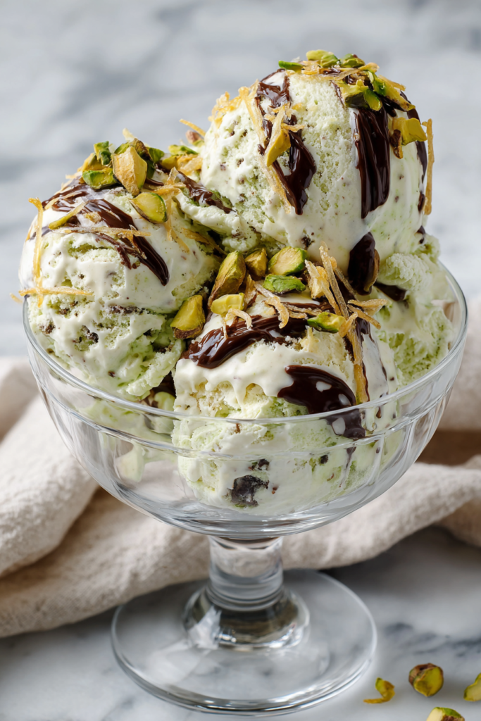 Dubai chocolate pistachio Ninja Creami protein ice cream scooped into a bowl with dark chocolate ribbons and golden kataifi