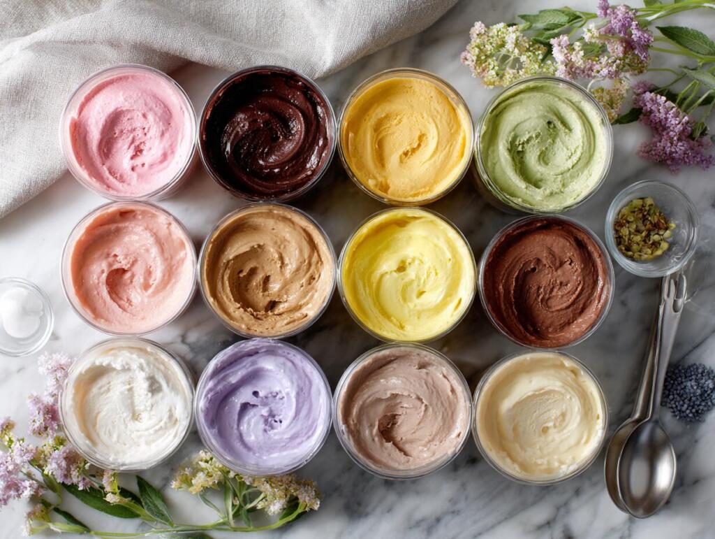Eight different cottage cheese Ninja Creami pints arranged in two rows before garnishing, round up lineup