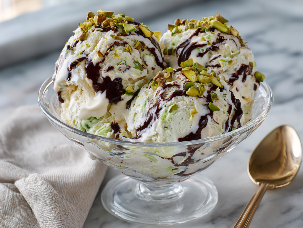 Scoops of healthy Fairlife Dubai chocolate kataifi protein Creami in a chilled glass bowl topped with crunchy pistachios.