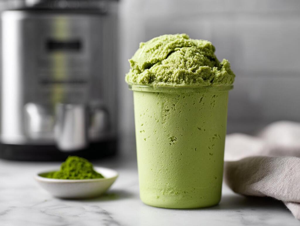 Cottage cheese matcha ice cream after the first Ninja Creami spin showing crumbly matcha green texture
