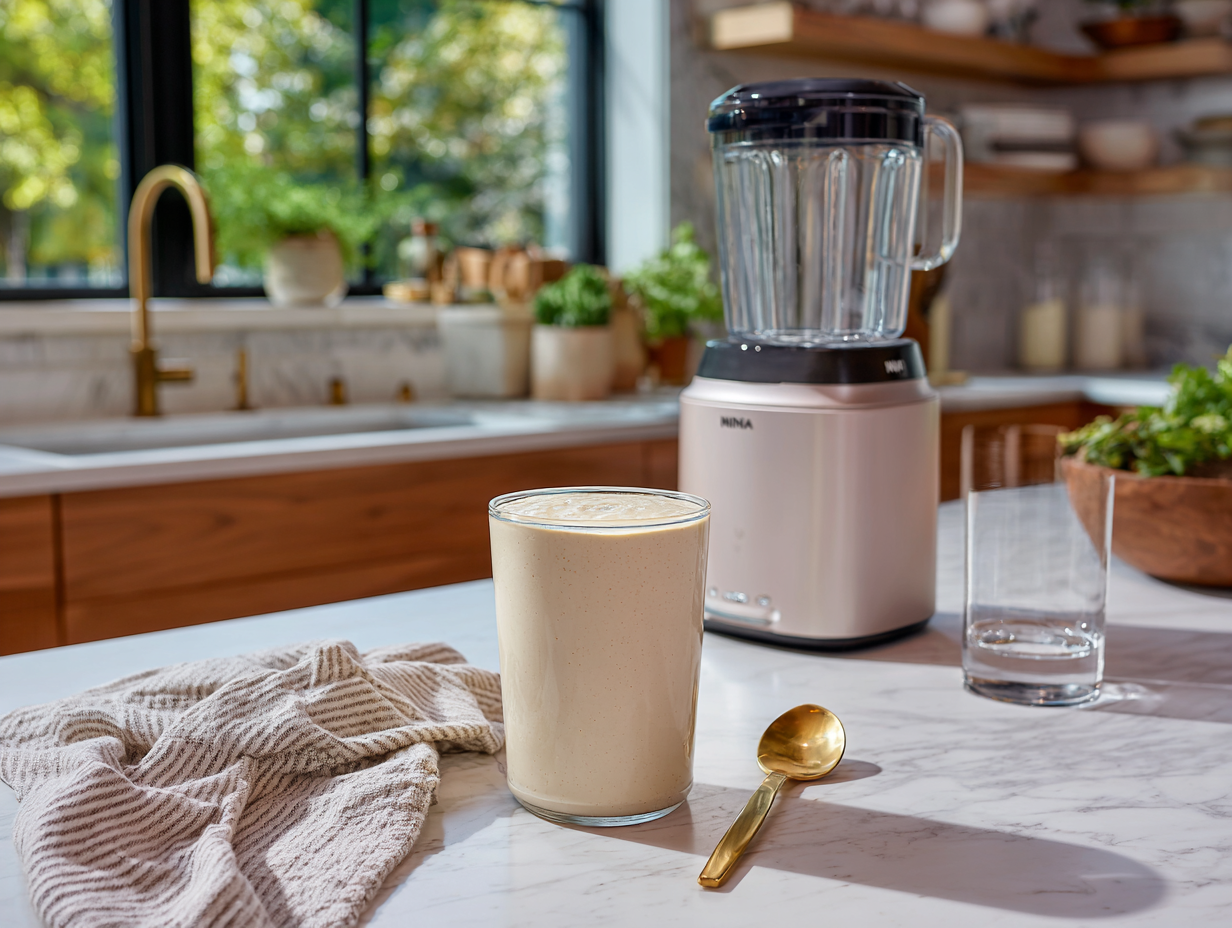 Ninja Creami pint filled with the vanilla protein base next to the Ninja Creami machine before freezing
