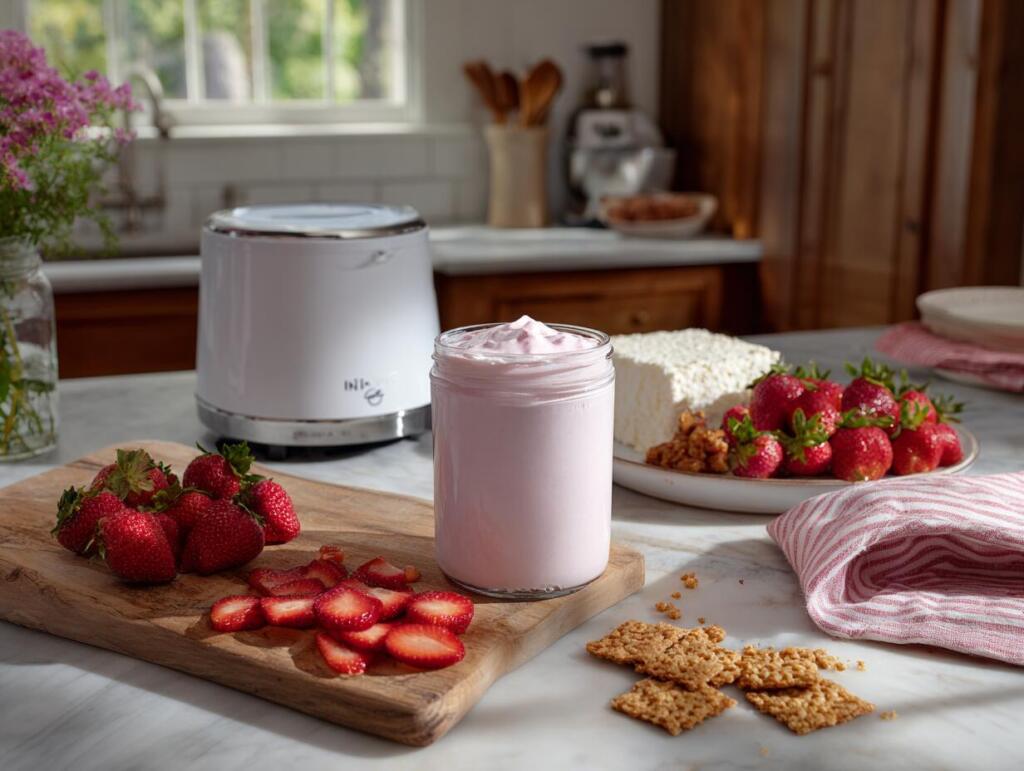 Cottage cheese strawberry cheesecake Creami prep with fresh strawberries, cottage cheese, and graham crackers