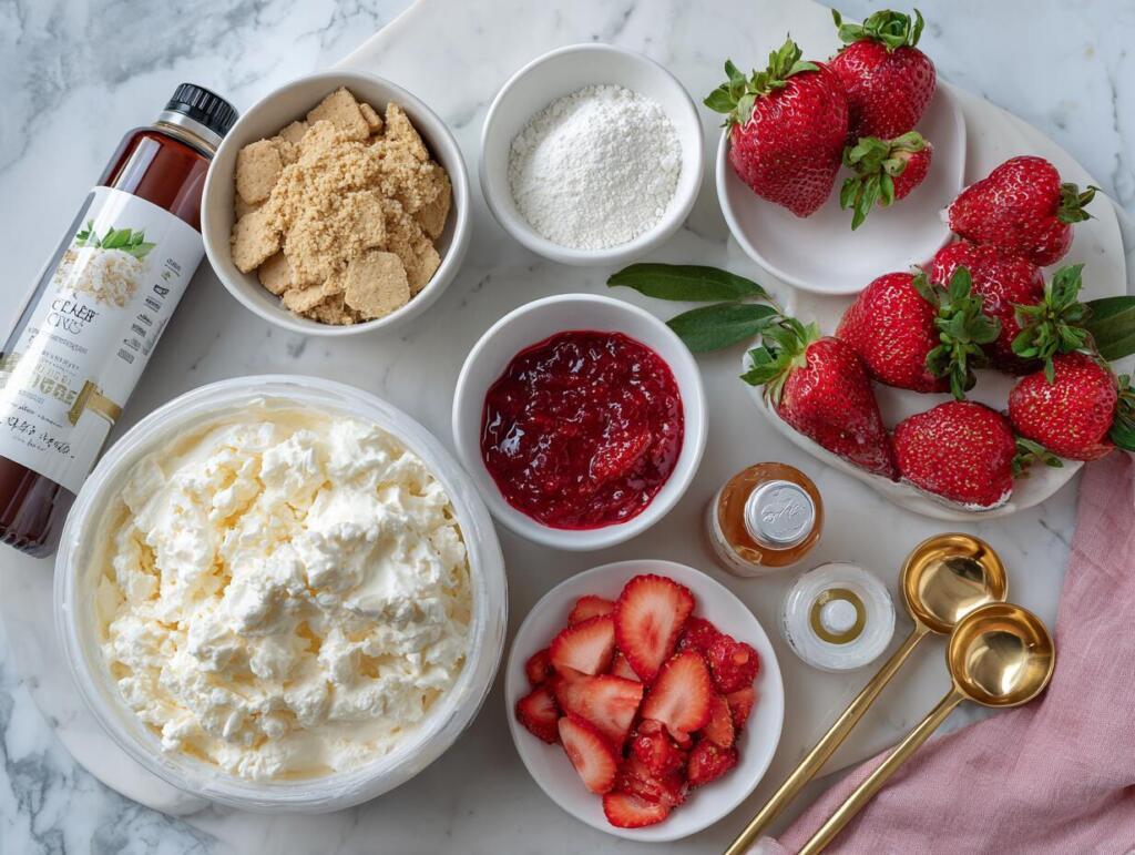 Ingredients for cottage cheese strawberry cheesecake Creami with fresh strawberries, cottage cheese, and graham crackers 