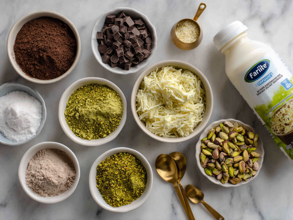 Flat lay of ingredients to make a Fairlife Dubai chocolate kataifi protein Creami including pistachio butter, milk, and allulose.