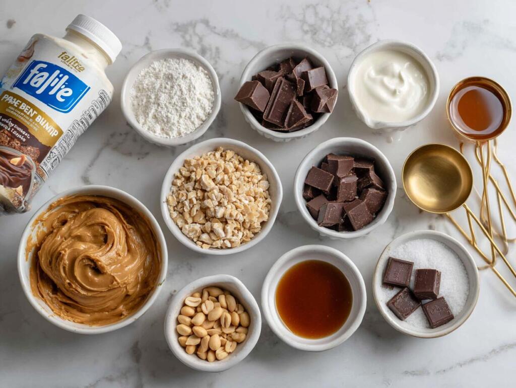 Ingredients for Fairlife Snickers copycat Ninja Creami in small bowls with peanut butter, caramel, peanuts, and chocolate