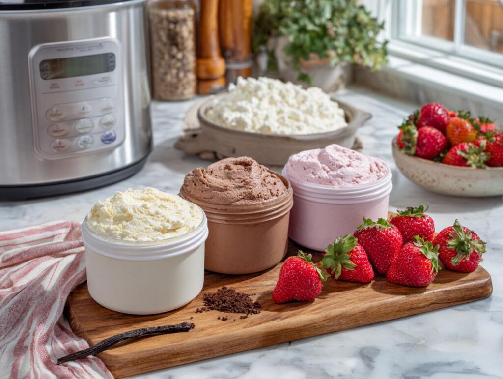 Three cottage cheese Ninja Creami pints in vanilla, chocolate, and strawberry side by side with a Ninja Creami machine