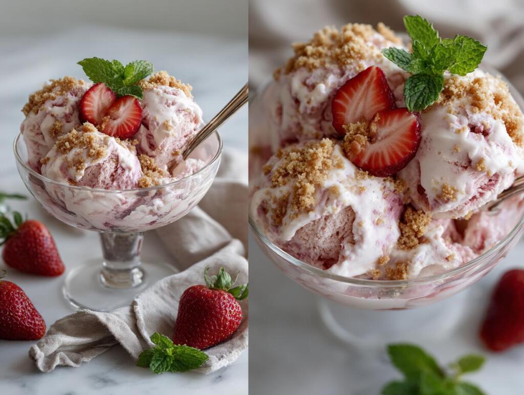 Scoops of creamy cottage cheese strawberry cheesecake protein ice cream with strawberry swirl and graham cracker