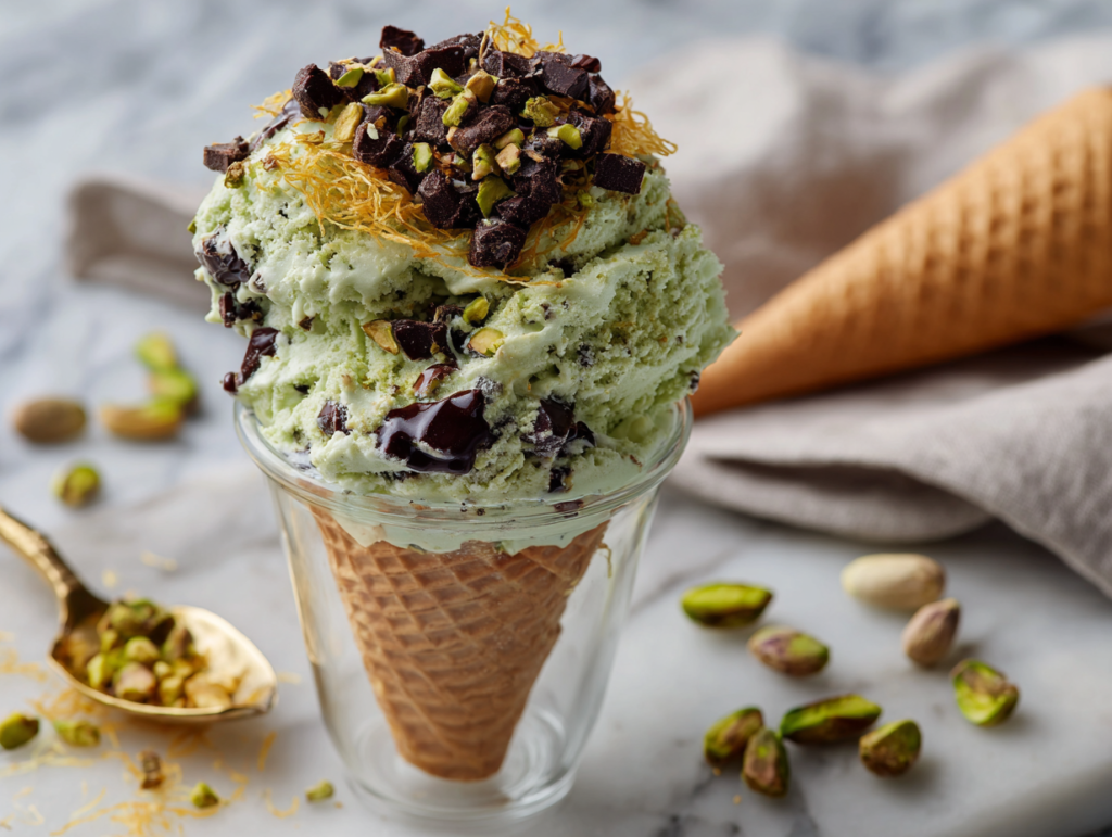 Folding toasted kataifi and chopped dark chocolate into freshly spun pistachio protein ice cream in a Ninja Creami pint