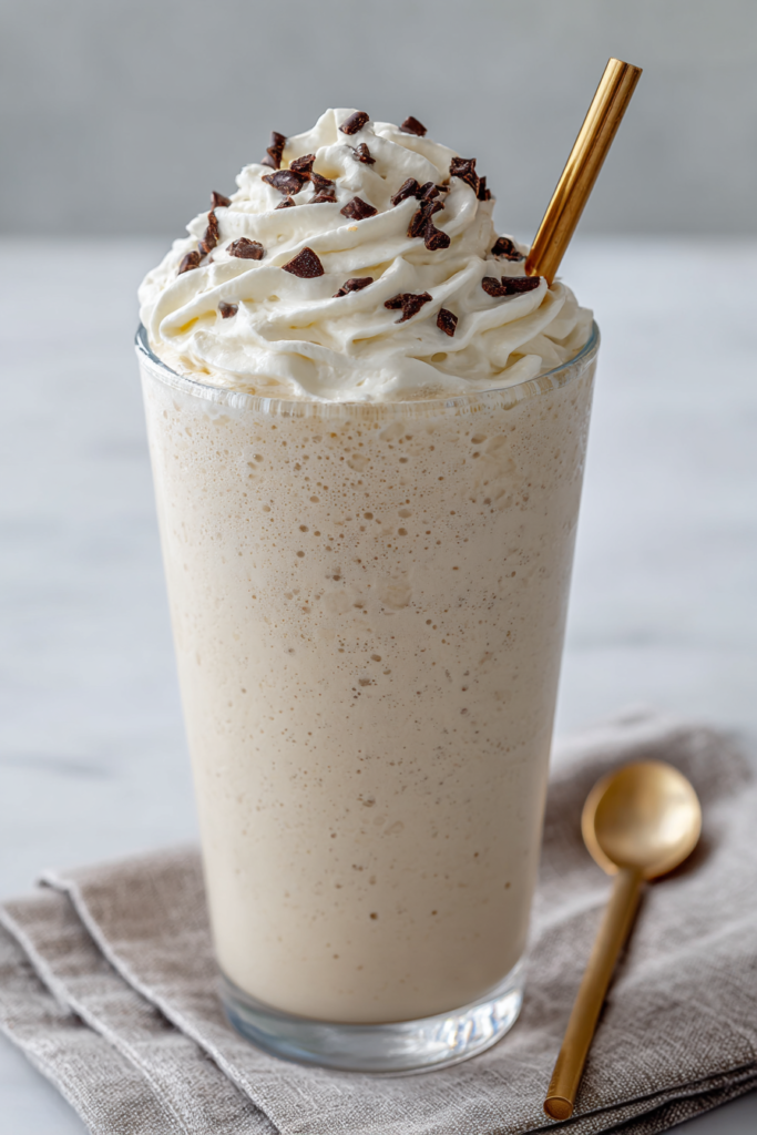 Ninja Creami protein milkshake in a tall glass with whipped cream and mini chocolate chips, thick high protein shake