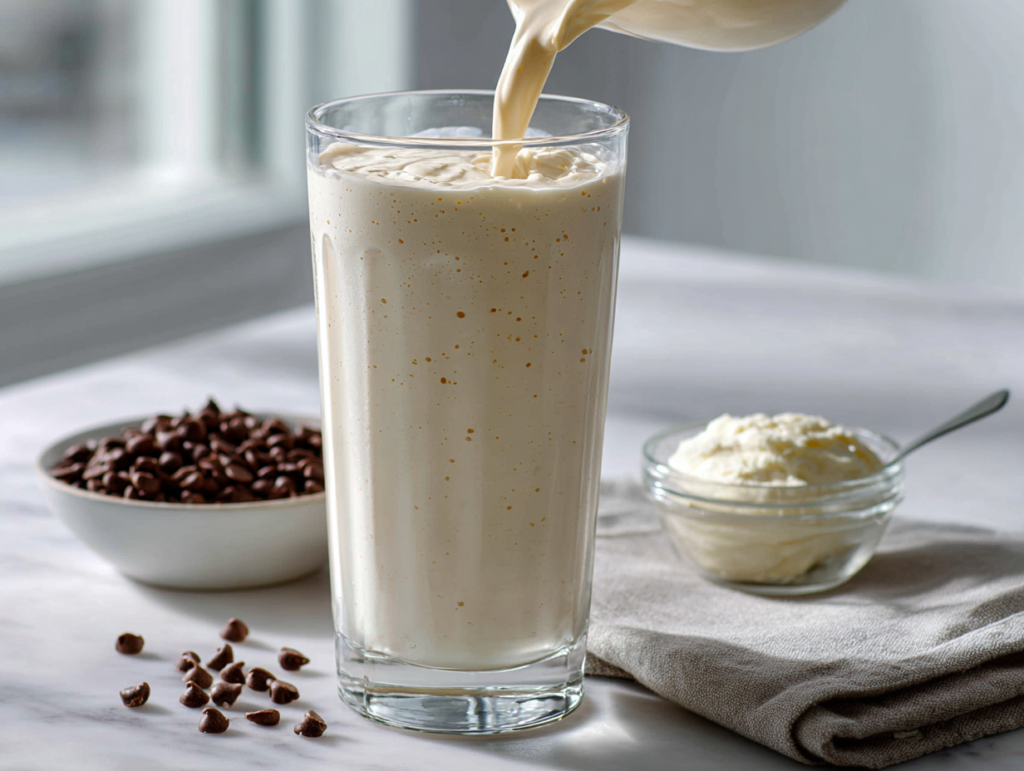 Ninja Creami protein milkshake poured into a glass before adding whipped cream and toppings