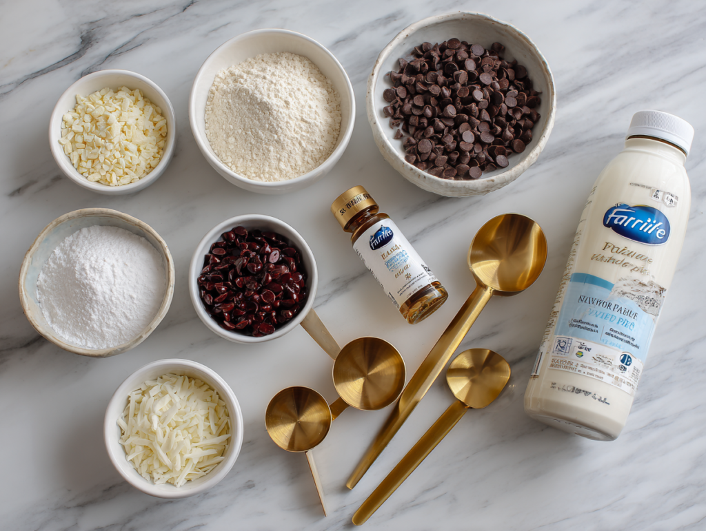 Ingredients for a Ninja Creami protein milkshake in small bowls, Fairlife milk, vanilla protein powder and allulose, overhead flat lay