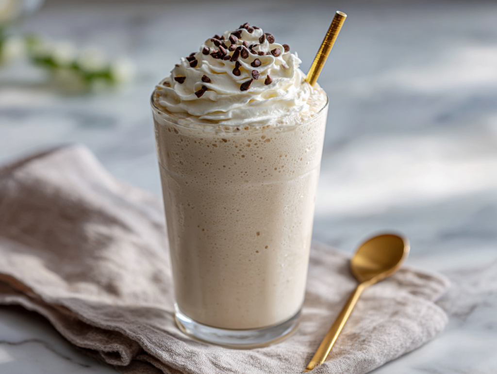 Ninja Creami protein milkshake served in a tall chilled glass topped with whipped cream and a straw