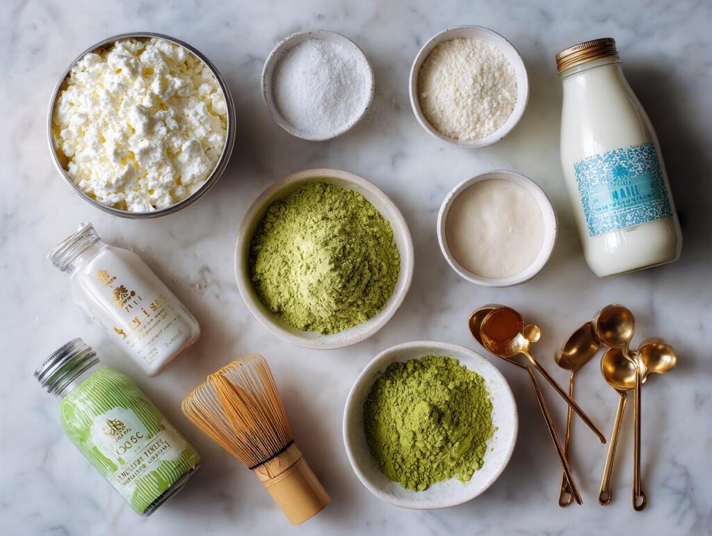 Cottage cheese matcha ice cream ingredients in small bowls with bright green matcha powder and a bamboo whisk