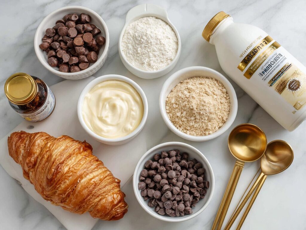 Ingredients for crookie protein Creami in small bowls with a cookie, a croissant, and chocolate chips, overhead flat lay