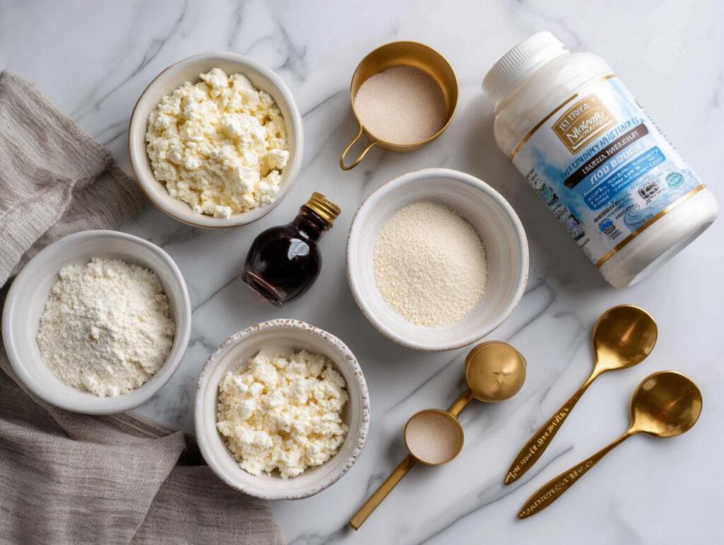 Base ingredients for cottage cheese Ninja Creami recipes in small bowls with a pint container
