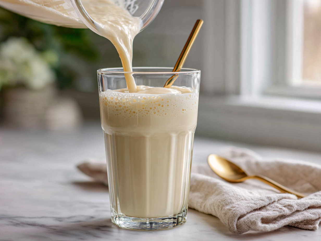 Pouring a thick creamy Ninja Creami protein milkshake from the pint into a tall glass