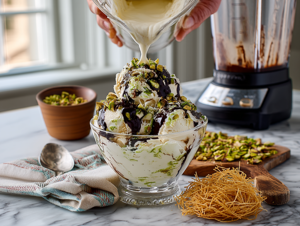 Pouring the smooth protein ice cream base for the Fairlife Dubai chocolate Creami into a Ninja pint container before freezing.
