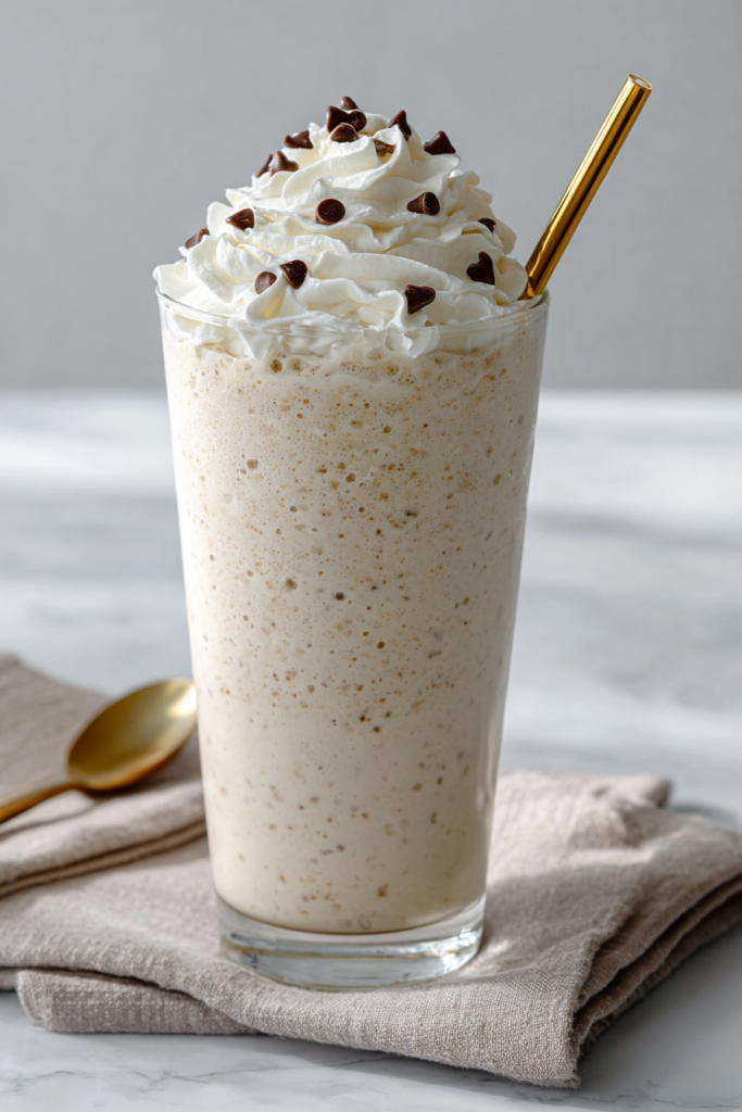 Ninja Creami protein milkshake poured into a glass before adding whipped cream and toppings