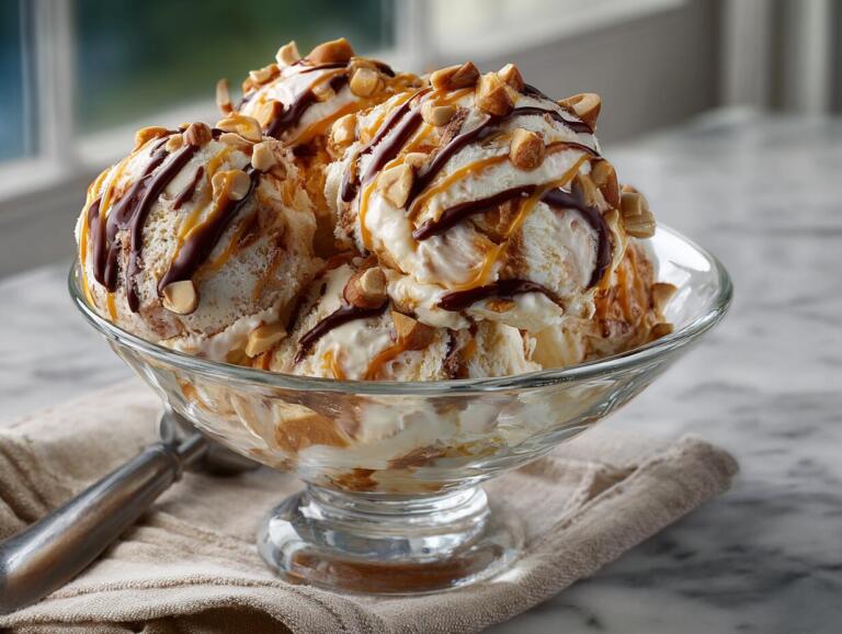 Fairlife Snickers copycat Ninja Creami protein ice cream with caramel, chocolate, and chopped peanuts in a chilled bowl
