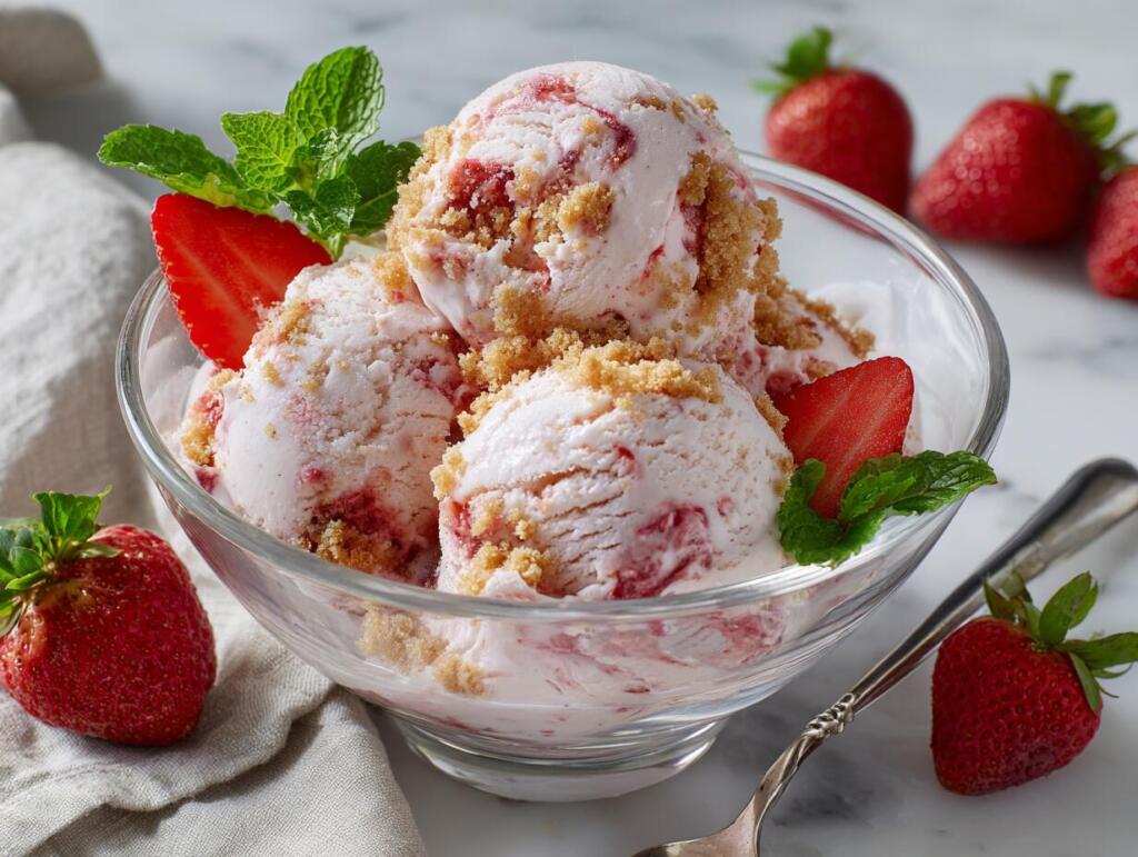 Just churned cottage cheese strawberry cheesecake Creami with compote and graham crackers in a pint before garnish 