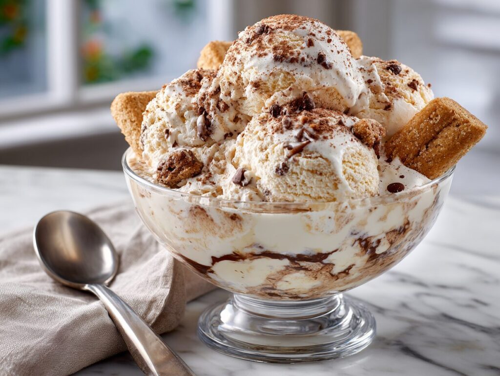Just churned cottage cheese tiramisu protein ice cream with ladyfingers in a Ninja Creami pint before cocoa dusting