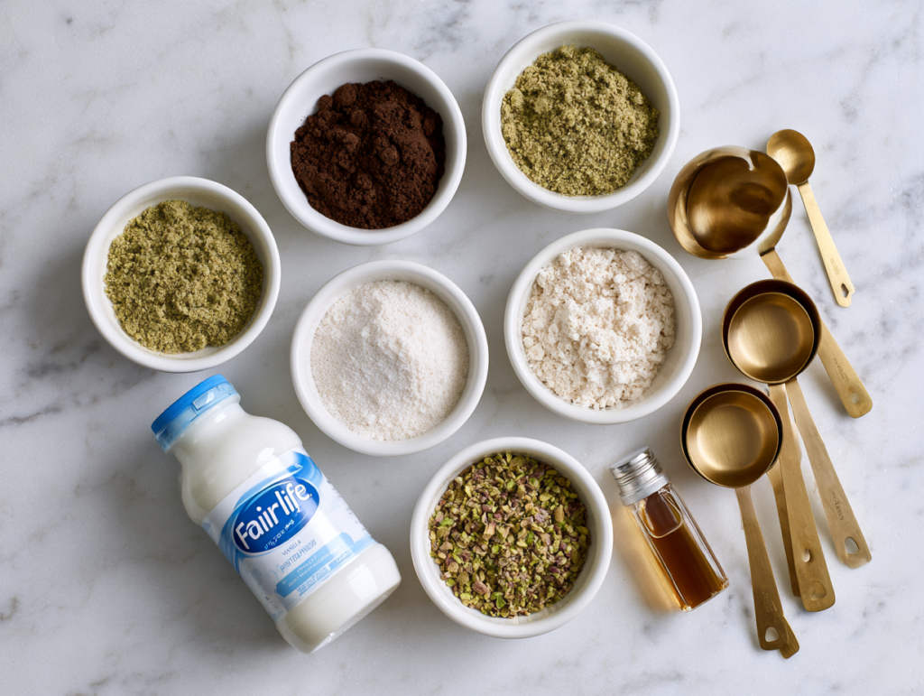 Ingredients for cottage cheese Dubai chocolate Creami pint in small bowls, overhead flat lay
