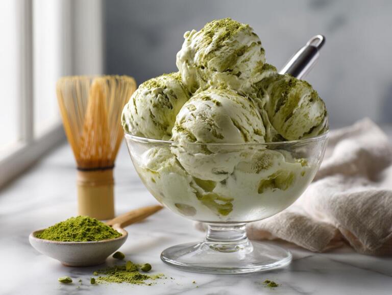 Cottage cheese matcha ice cream in a chilled bowl with matcha dusting and a bamboo whisk, high protein no machine recipe
