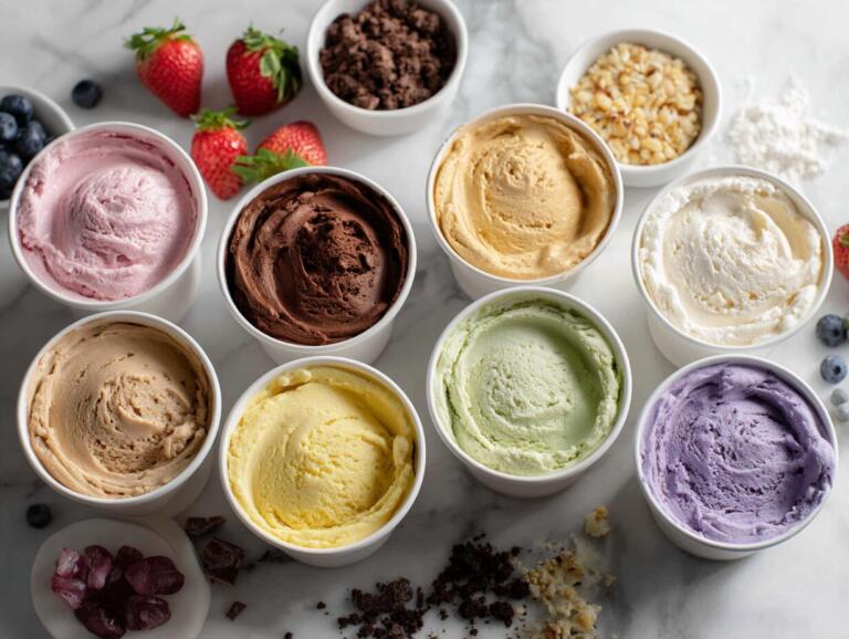 Multiple cottage cheese Ninja Creami pints in different flavors lined up on a marble countertop, the complete guide