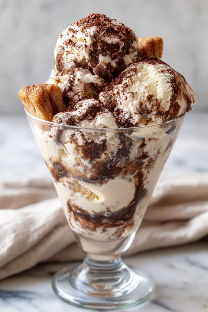 Cottage cheese tiramisu Ninja Creami protein ice cream dusted with cocoa and topped with a ladyfinger