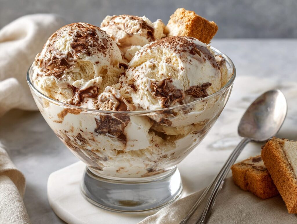 Scoops of creamy cottage cheese tiramisu protein ice cream with cocoa dusting and ladyfingers