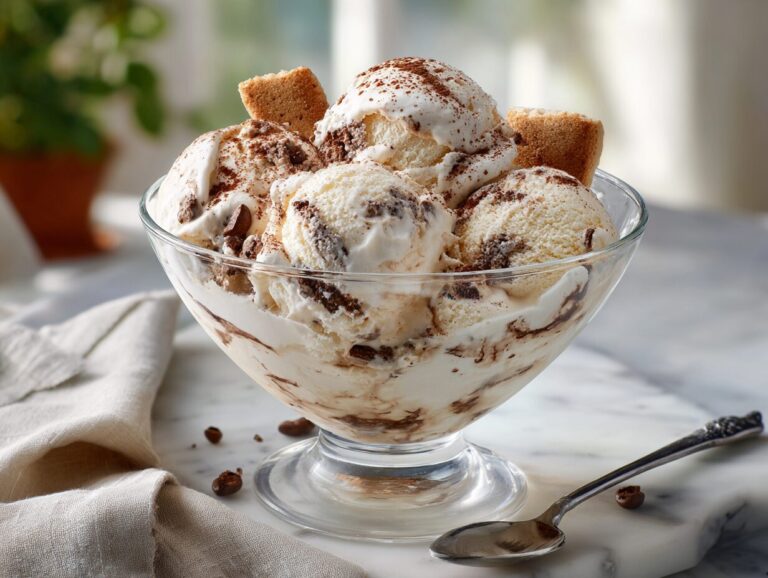 Cottage cheese tiramisu Ninja Creami protein ice cream dusted with cocoa and topped with a ladyfinger