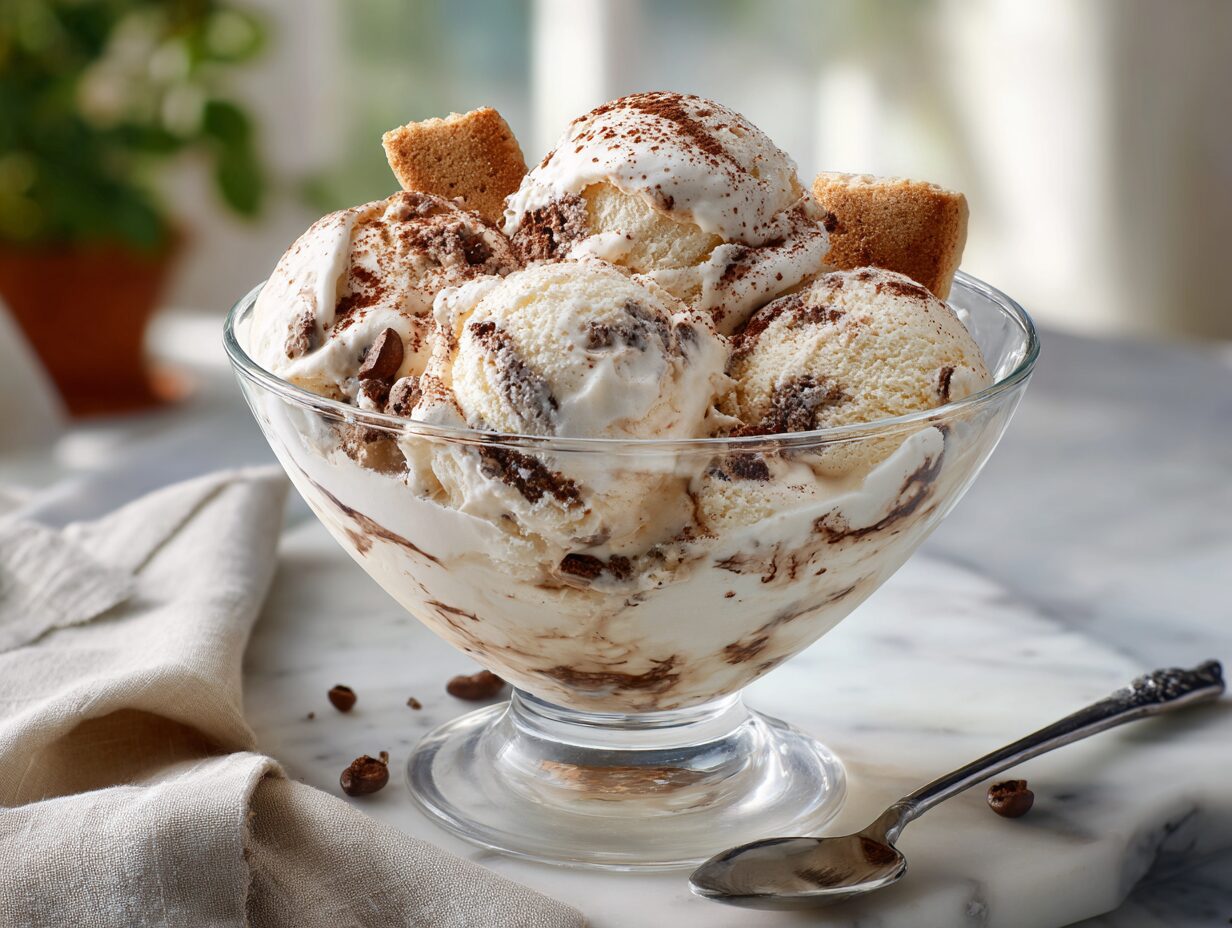Cottage cheese tiramisu Ninja Creami protein ice cream dusted with cocoa and topped with a ladyfinger