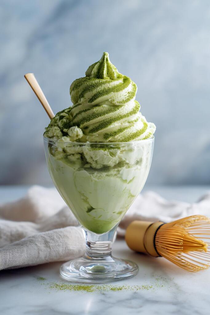 Cottage cheese matcha ice cream in a chilled bowl with matcha dusting and a bamboo whisk, high protein no machine recipe