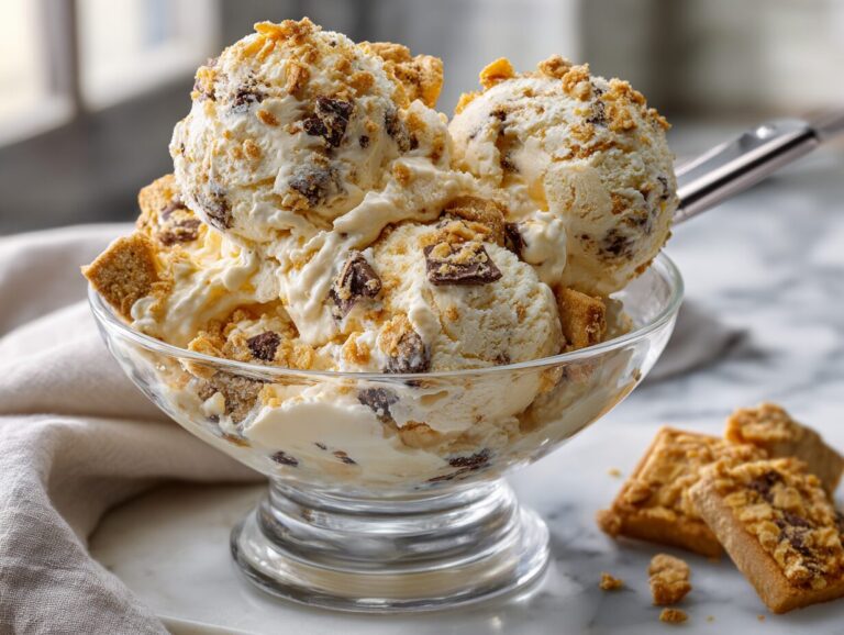 Crookie protein Creami ice cream with chocolate chip cookie chunks and flaky croissant pieces in a chilled bowl