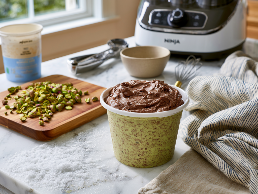 Preparation scene for cottage cheese Dubai chocolate Creami pint with Ninja Creami and tools