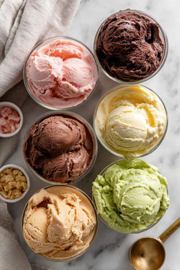 Six cottage cheese Ninja Creami pints in different flavors lined up on a marble counter, high protein round up